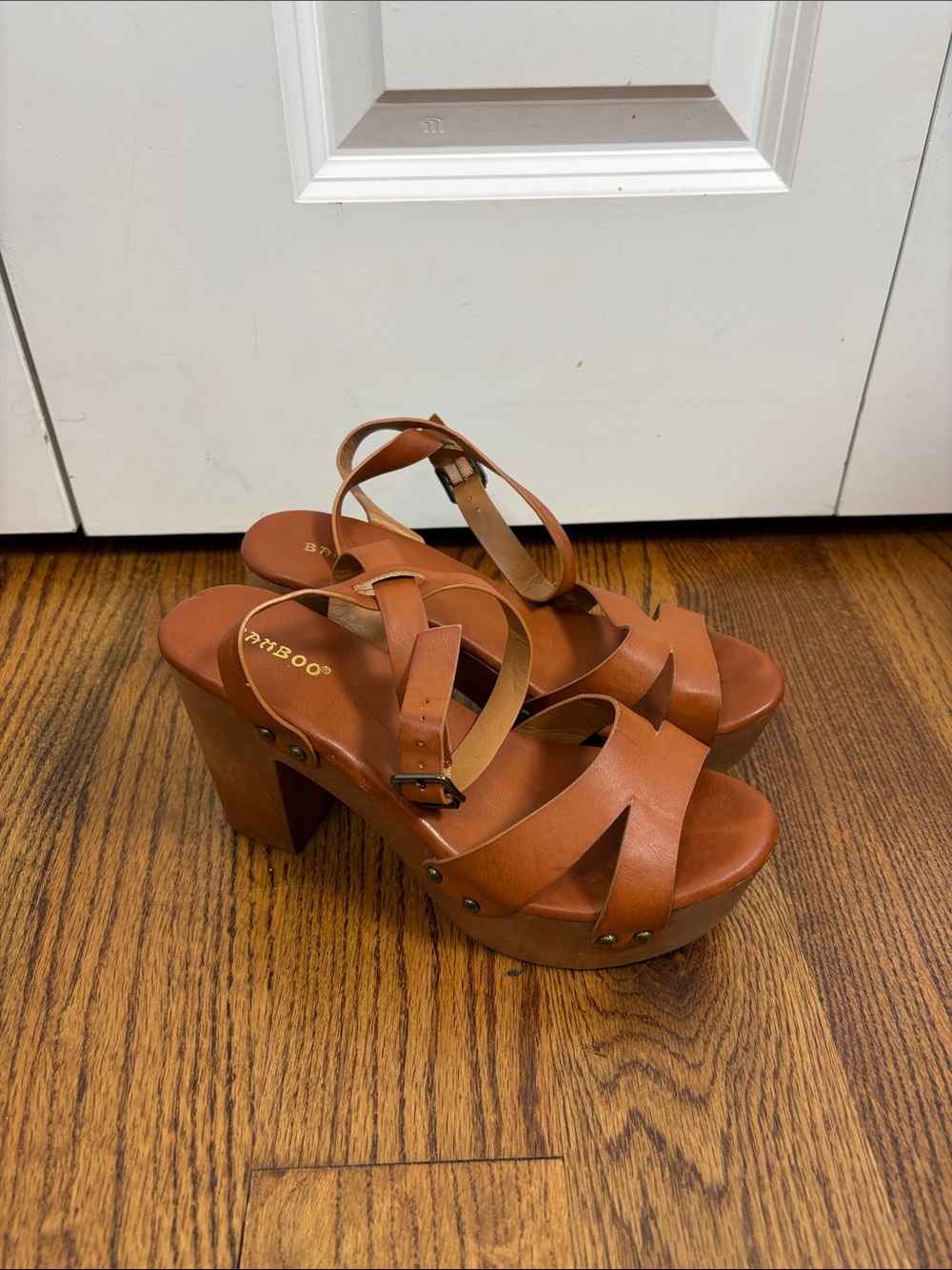 BAMBOO Brown Cross-Strap Platform Sandals with Ankle Buckle Size 9
